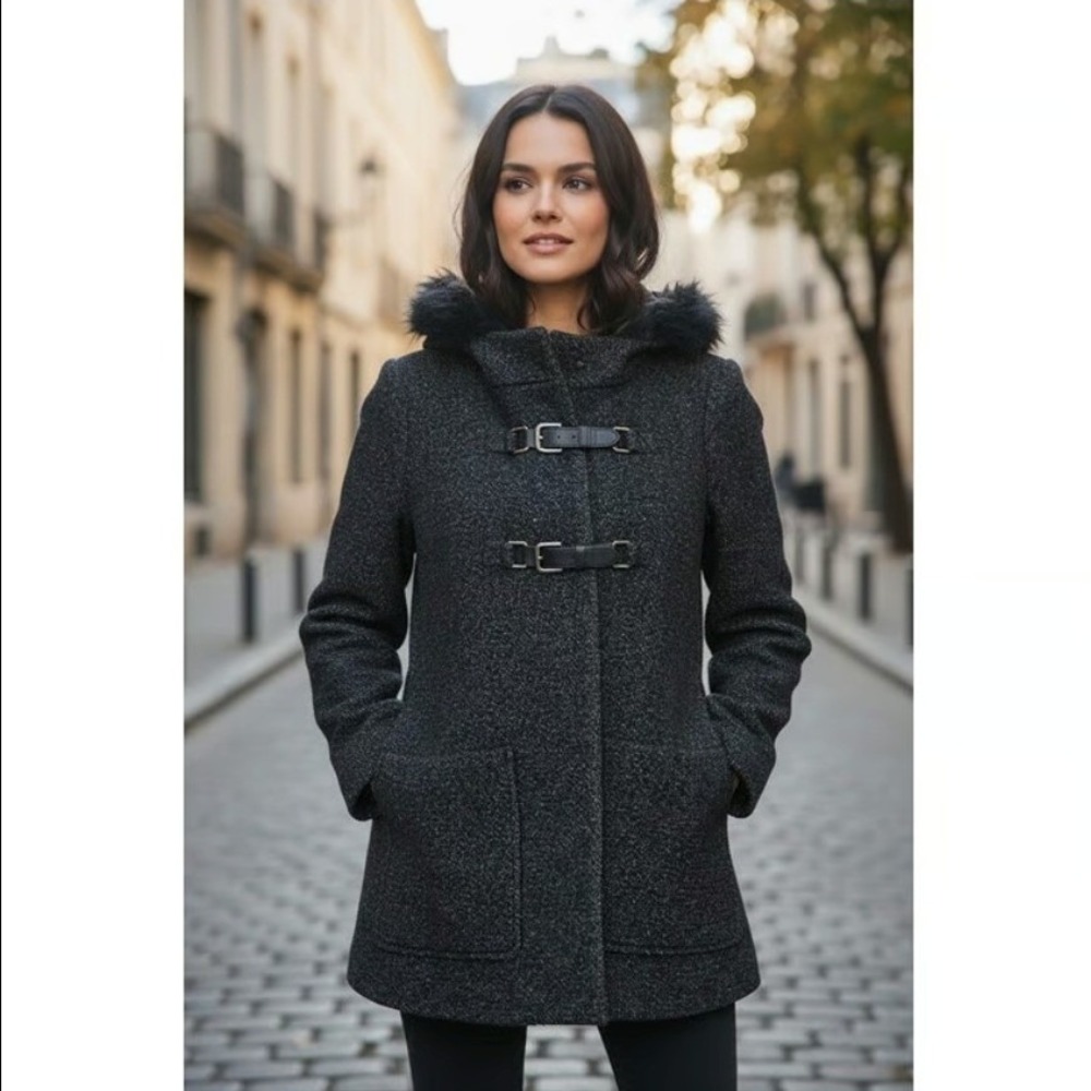 Maje H13 Domino Wool Duffle Coat Fur Coyote Trim Old Money Size 36